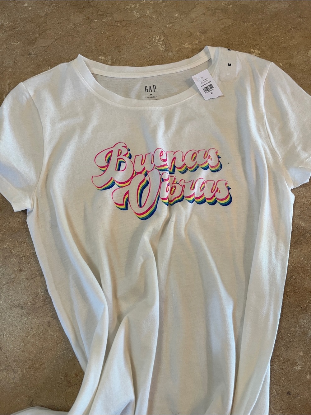 GAP White Tee with Multicolor 'Buenas Vibras' Script nwt